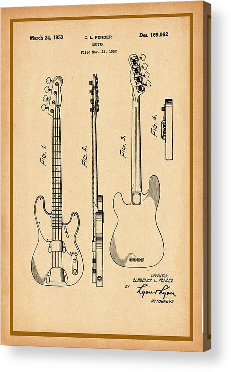 Fender Bass Guitar Patent Drawing 1953 Acrylic Print featuring the photograph Fender Bass Guitar Patent Drawing 1953 by Carlos Diaz