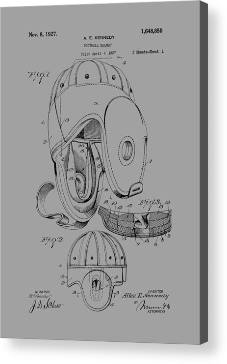 Football Acrylic Print featuring the photograph Football Helmet Patent From 1927 #2 by Chris Smith