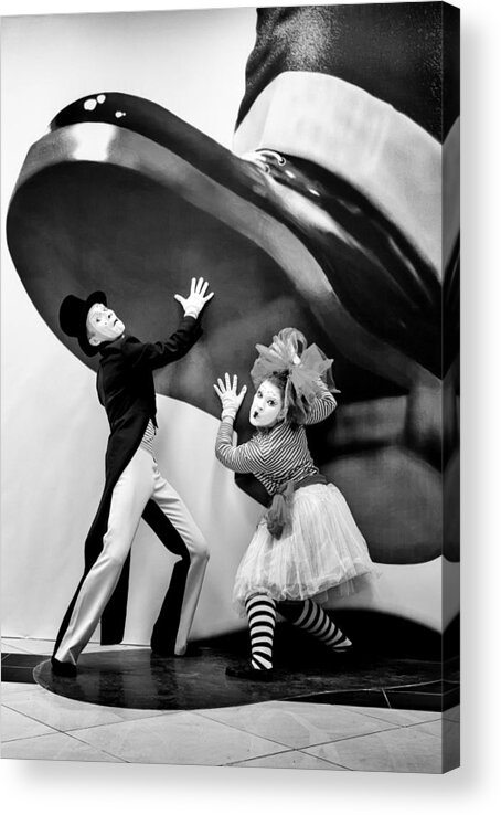 Giant Acrylic Print featuring the photograph Mime Artists Giant Hand Illusion Colour #1 by John Williams