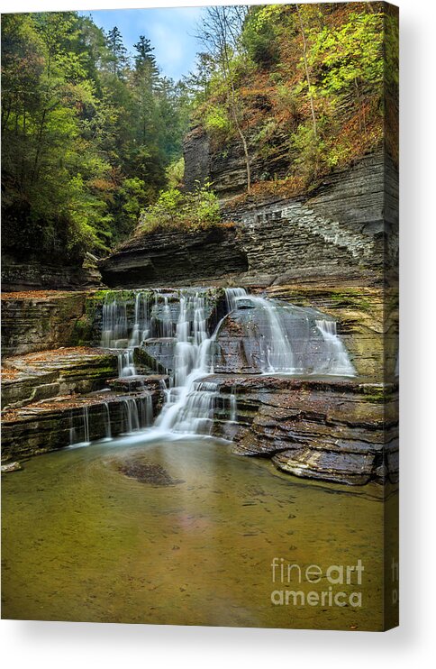 New York Acrylic Print featuring the photograph Upper Gorge Falls of Enfield Glen in Autumn Treman State Park by Karen Jorstad