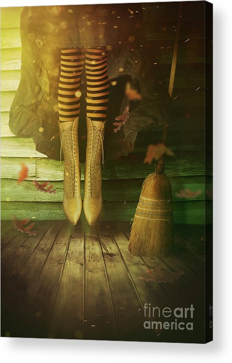 Broom Acrylic Print featuring the photograph Witch's legs with broom #1 by Sandra Cunningham