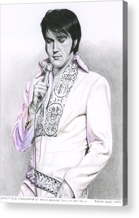 Elvis Acrylic Print featuring the drawing 1970 White Brocade Suit Silver Trim by Rob De Vries