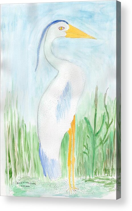 Heron Acrylic Print featuring the painting Blue Heron in the tules by Helen Holden-Gladsky
