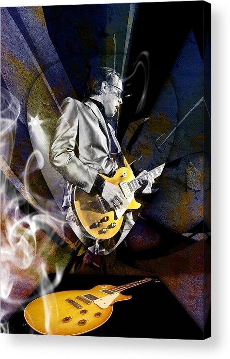 Joe Bonamassa Acrylic Print featuring the mixed media Joe Bonamassa Blue Guitarist Art #4 by Marvin Blaine