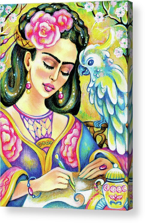 Woman And Parrot Acrylic Print featuring the painting A Letter to Far Away by Eva Campbell