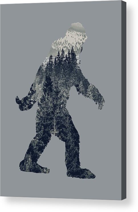 Sasquatch Acrylic Print featuring the digital art A Sasquatch Bigfoot Silhouette Hiking The Tundra Deep Forest by Garaga Designs