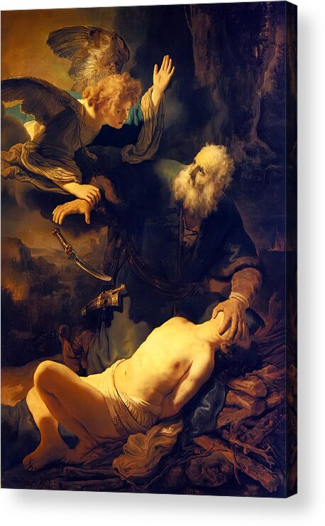 Rembrandt Van Rijn Acrylic Print featuring the painting Abraham And Isaac by Troy Caperton