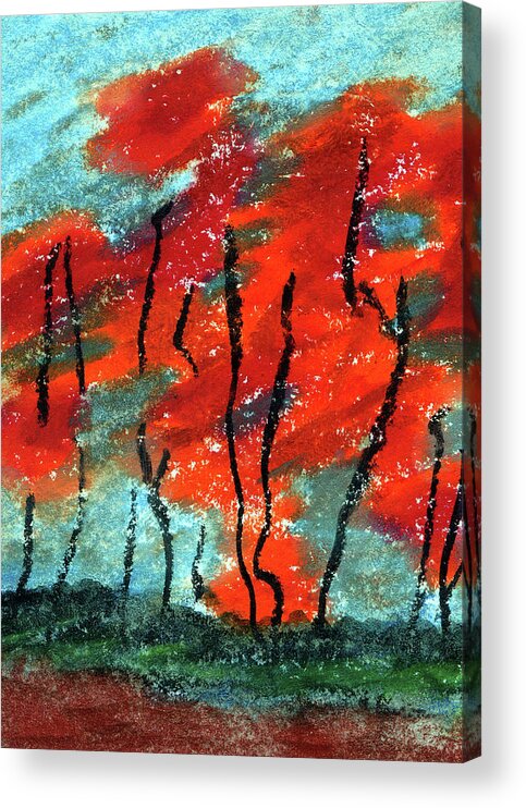 Design Red Trees Fall Art Kyllo Autumn Tree Abstract Painting Colorful Maple Color Blue Black Sky Oil Pastel Nature Leaves Landscape Foliage Birch Beauty Beautiful Woods Unusual Tranquil Accent Decor Texture Peaceful Modern Image Colors Woodland Warmer Vibrant Treescape Thick Surreal Strokes Seasons Seasonal Season Outdoors Outdoor October November North Nobody Natural Maples Lumimous Leaf Intense Grove Green Fantasy Colourful Acrylic Print featuring the painting Abstract Design Red Trees Fall Art by R Kyllo