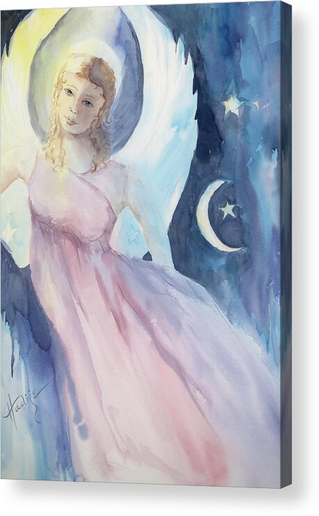 Angel With Moon And Stars. Acrylic Print featuring the painting Angel with Moon and Stars by Mary DuCharme