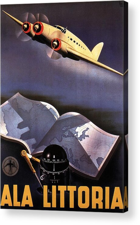 Atlas Acrylic Print featuring the painting Atlas, Map and Compass - Vintage Propeller Aircraft - Ala Littoria - Vintage Travel Poster by Studio Grafiikka