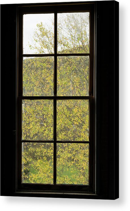 Fall Acrylic Print featuring the photograph Autumn yellow leaves through attic window by Liz Albro