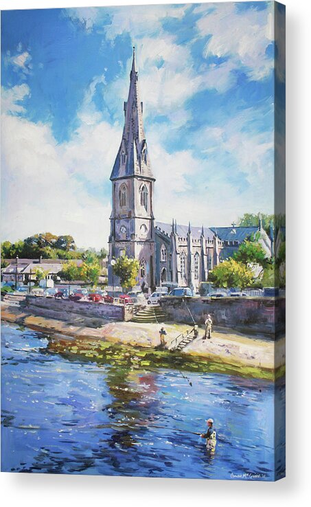 Ballina County Mayo Ireland Acrylic Print featuring the painting Ballina Cathedral on River Moy by Conor McGuire