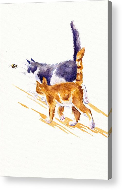 Cat Acrylic Print featuring the painting Bee Stalking - Two Cats by Debra Hall