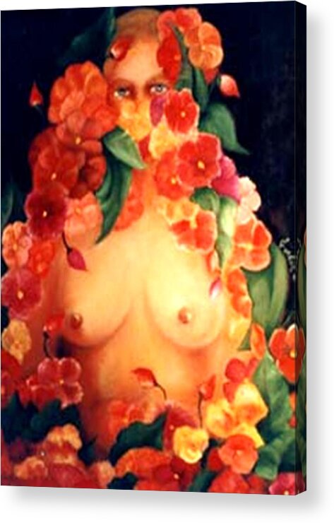 Beautiful Innocent Nude With Flowers Acrylic Print featuring the painting Blooms by Jordana Sands