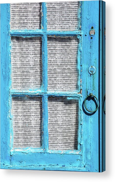 David Letts Acrylic Print featuring the photograph Blue Door Window with White Lace by David Letts
