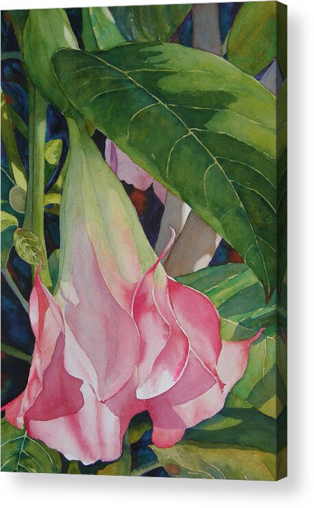 Angel Trumpet Acrylic Print featuring the painting Blushing Angel by Judy Mercer