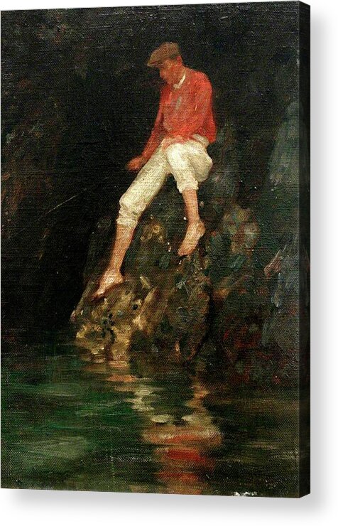 English Acrylic Print featuring the painting Boy Fishing on Rocks by Henry Scott Tuke
