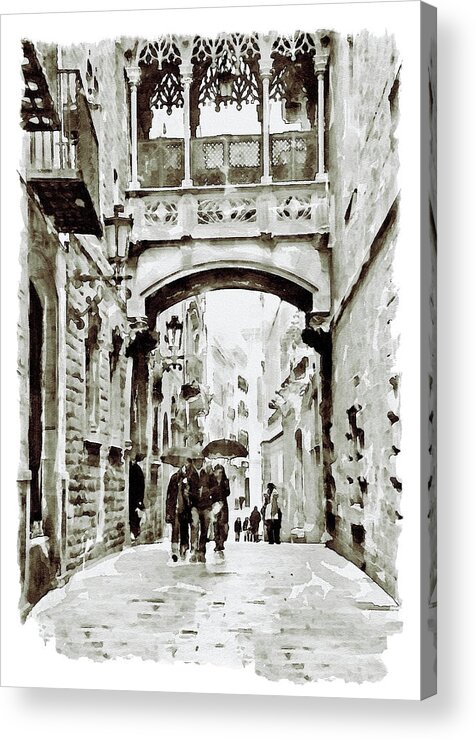 Marian Voicu Acrylic Print featuring the painting Carrer del Bisbe - Barcelona Black and White by Marian Voicu
