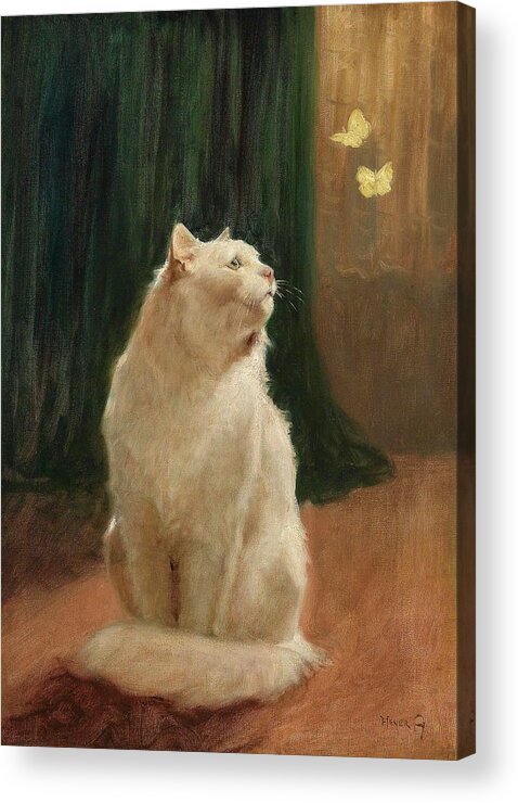 Arthur Heyer (1872-1931) Acrylic Print featuring the painting Cat And Butterflies by Arthur Heyer
