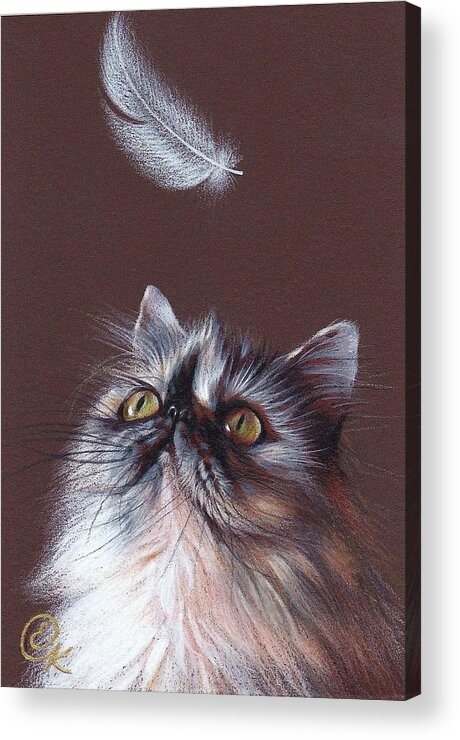 Persian Acrylic Print featuring the drawing Cat and feather by Elena Kolotusha