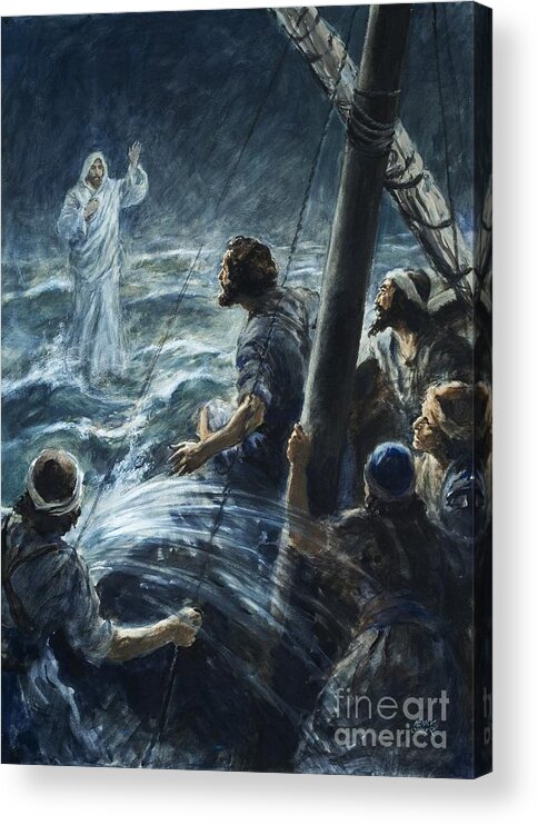 Christ; Jesus; Sea Of Galilee; Walking On Water; The Bible; Sailors; Thee Of Little Faith; Lightning; Storm; Water Acrylic Print featuring the painting Christ walking on the sea of Galilee by Henry Coller