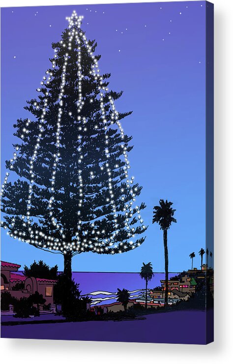 Christmas Card Acrylic Print featuring the drawing Christmas Tree at Moonlight Beach Encinitas, California by Mary Helmreich