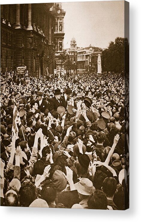 Churchill Acrylic Print featuring the photograph Churchill mobbed in Whitehall on VE Day by English School