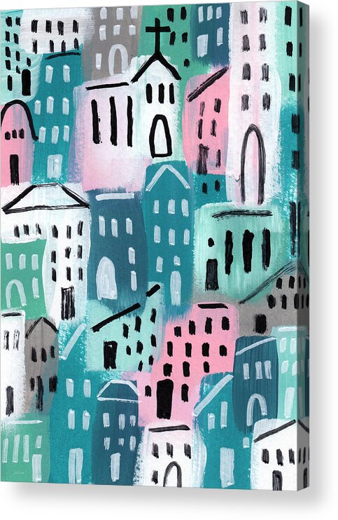 Church Acrylic Print featuring the painting City Stories- Church On The Hill by Linda Woods