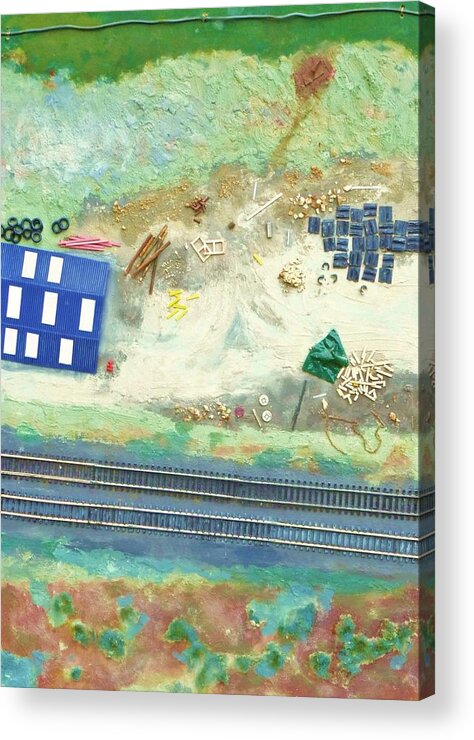 Collage Acrylic Print featuring the mixed media Railroad Yard with Shed from a Hot Air Balloon by Nigel Radcliffe