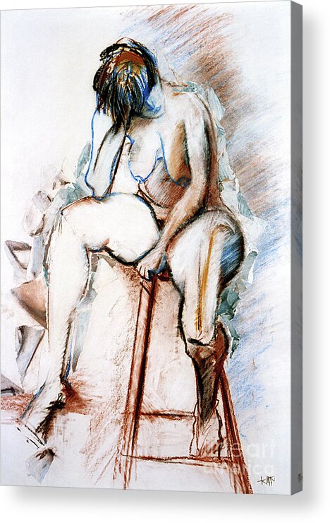 Female Acrylic Print featuring the drawing Contemplation - Nude on a Stool by Kerryn Madsen-Pietsch