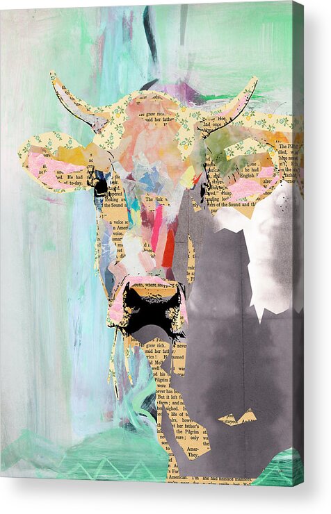 Cow Acrylic Print featuring the mixed media Cow Collage by Claudia Schoen