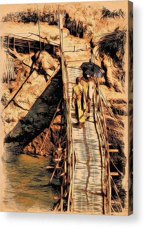Monks Acrylic Print featuring the digital art Crossing the Bridge by Cameron Wood