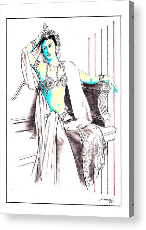 Dancer Acrylic Print featuring the drawing Deadly Diva, Mata Hari -- Portrait by Jayne Somogy