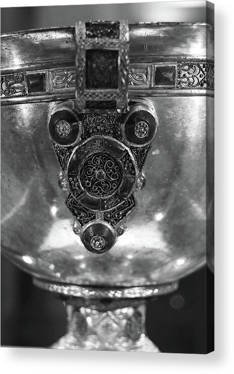 Chalice Acrylic Print featuring the photograph Derrynaflan Silver Chalice Macro Irish Artistic Heritage Black and White by Shawn O'Brien