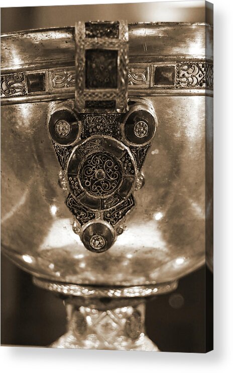 Chalice Acrylic Print featuring the photograph Derrynaflan Silver Chalice Macro Irish Artistic Heritage Sepia by Shawn O'Brien