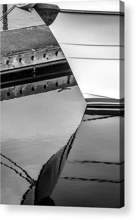 351 Docked B&w Abstract Contemplative Commercial Tall Vertical Black And White Monochrome Sea Ocean Shore Dock Water Reflection Ripple Spring Fall Autumn Summer Pacific Nw Northwest North West Wa Washington State Us Usa United States Of America Coast Coastline Seashore Shoreline Harbor Wharf Marina Boat Hull Working Mooring Day Outside Outdoor Still Ship Fishingsteve Steven Maxx Photography Photo Photographs Acrylic Print featuring the photograph Docked - Black and White by Steven Maxx