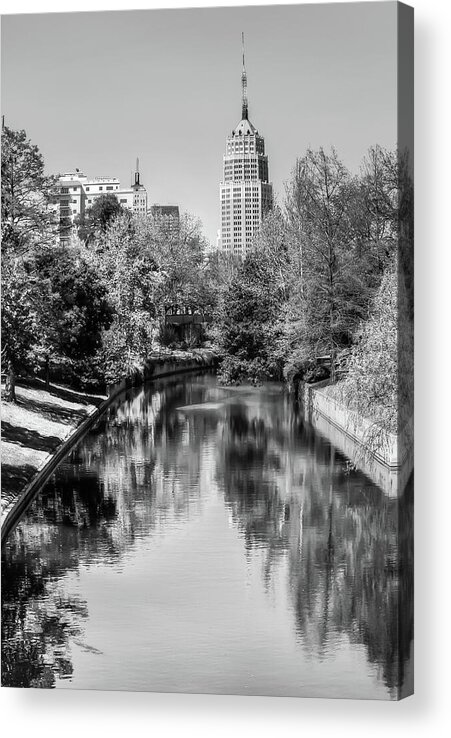 America Acrylic Print featuring the photograph Downtown San Antonio Skyline on the River in Black and White by Gregory Ballos