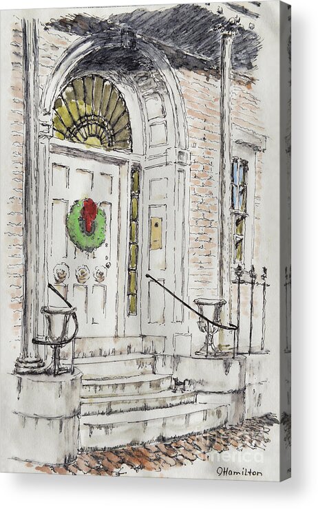 Ink And Watercolor Sketch Acrylic Print featuring the photograph Entrance with a christmas wreath by Olga Hamilton