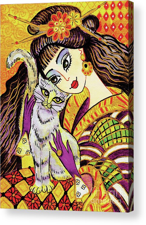 Woman And Cat Acrylic Print featuring the painting Feline Rhapsody by Eva Campbell