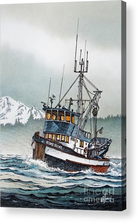 Fishing Acrylic Print featuring the painting Fishing Vessel Home Shore by James Williamson
