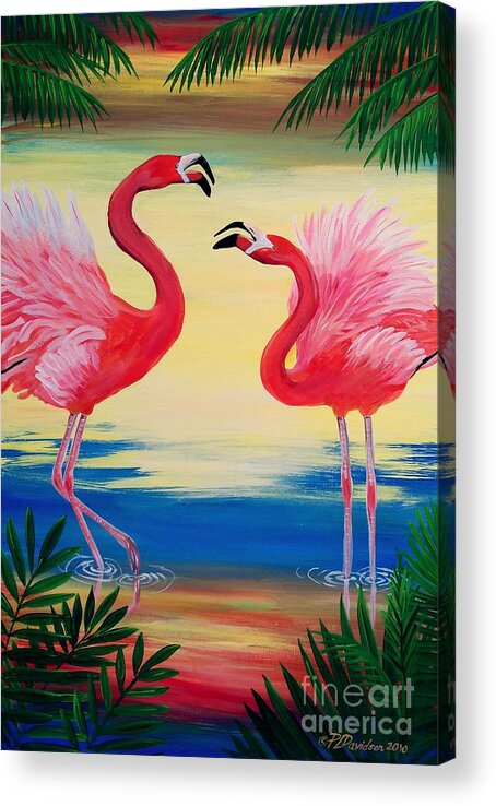Pink Flamingo Acrylic Print featuring the painting Flamingo Courtship Dance by Pat Davidson