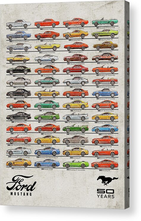 Vintage Mustang Acrylic Print featuring the digital art Ford Mustang Timeline History 50 Years by Yurdaer Bes