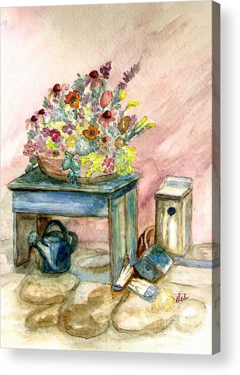 Gardening Acrylic Print featuring the painting Garden Bench by Deb Stroh-Larson