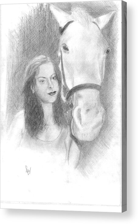 Horse Acrylic Print featuring the drawing Girl And Horse by Reza Naqvi