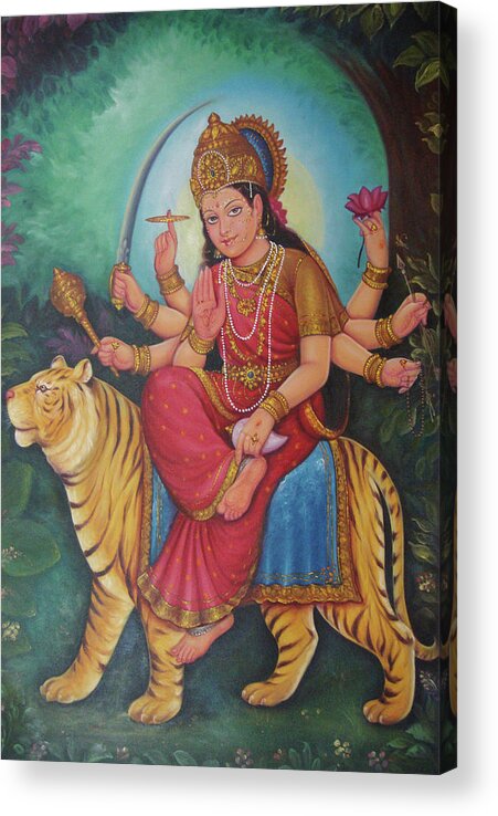 Goddess Durga Acrylic Print featuring the painting Goddess Durga, Ambe Maa, Aadishakti Painting, Goddess Of War,Online Artwork, Oil Painting On Canvas. by Jagannath