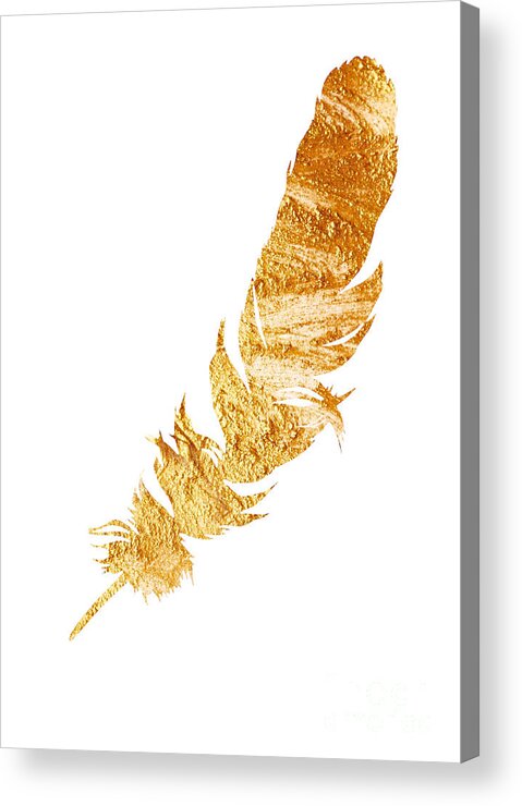 Gold Acrylic Print featuring the painting Gold feather watercolor painting by Joanna Szmerdt
