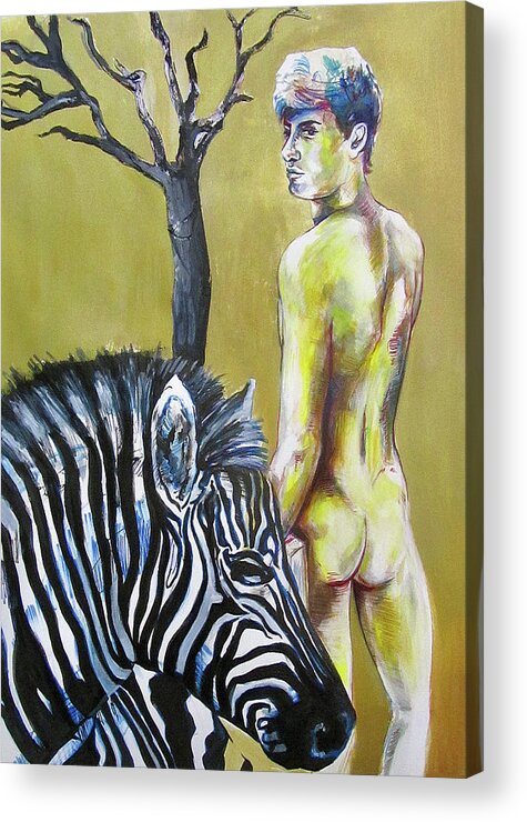 Zebra Acrylic Print featuring the painting Golden Zebra High Noon by Rene Capone