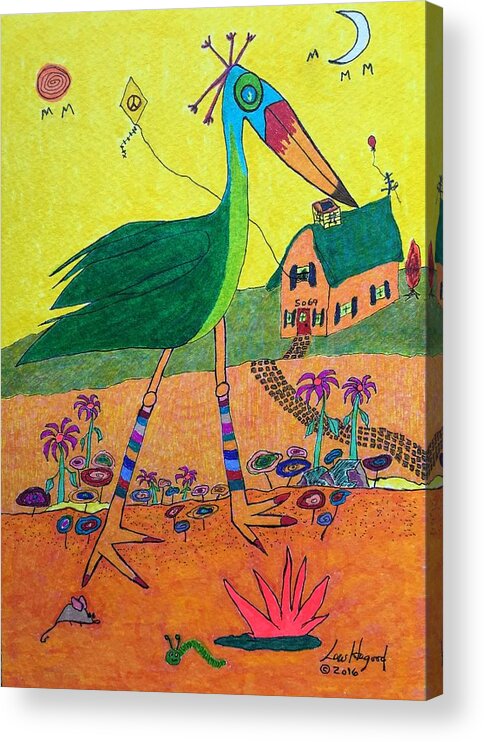 Hagood Acrylic Print featuring the painting Green Crane with Leggings and Painted Toes by Lew Hagood