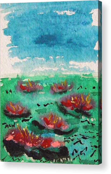 Green Pond With Many Flowers Acrylic Print featuring the painting Green Pond with Many Flowers by Mary Carol Williams