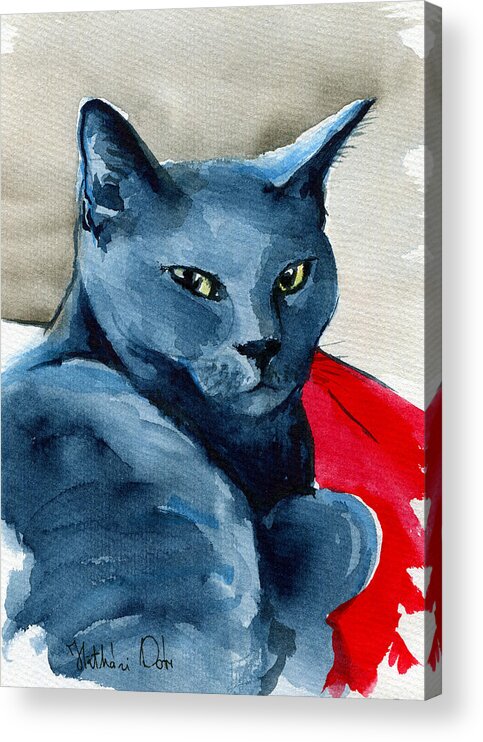 Cat Acrylic Print featuring the painting Handsome Russian Blue Cat by Dora Hathazi Mendes